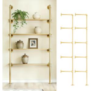 Gold Industrial Wall Mount Iron Pipe Shelf Bracket,Retro DIY Open Bookshelf,Storage Shelves, Ceiling hung Shelves for Home Kitchen Bathroom Living Room Office(2PcsX5Tier,68"Tall,10"deep,Hardware Only)