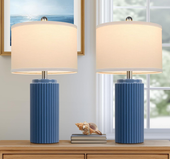 TOBUSA 23.5’’ Blue Table Lamps for Bedroom Set of 2, Modern Farmhouse Ceramic Bedside Nightstand Lamps for Living Room, Decorative Boho Ceramic Lamps Set for Home Office End Table Console, White Shade