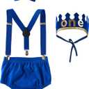 Baby Boy First 1st Birthday Cake Smash Outfit Boys One Birthday Crown Bloomers Pants Bow Tie Suspenders Set