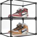 Magnetic Side Open Transparent Plastic Storage Shoe Box Clear Shoe Display Case Sneaker Shoe Storage Box Display Box Shoe Container Clear Closet Shelf Shoe Organizer Container (Black 2PC) (Black Aluminum Frame)