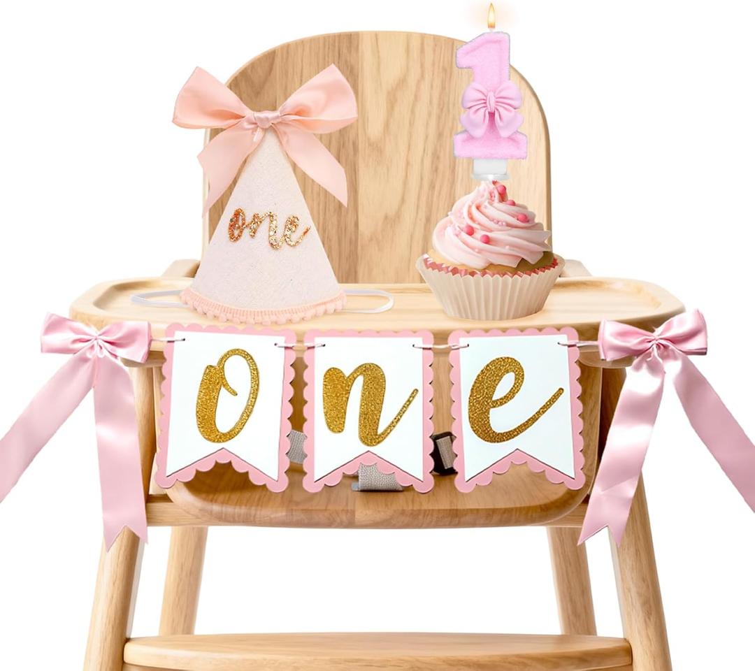 First Birthday Decorations for Girl - Pink Bow Complete Party Set with High Chair Banner, 1st Birthday Candle, Party Hat (Glitter One)