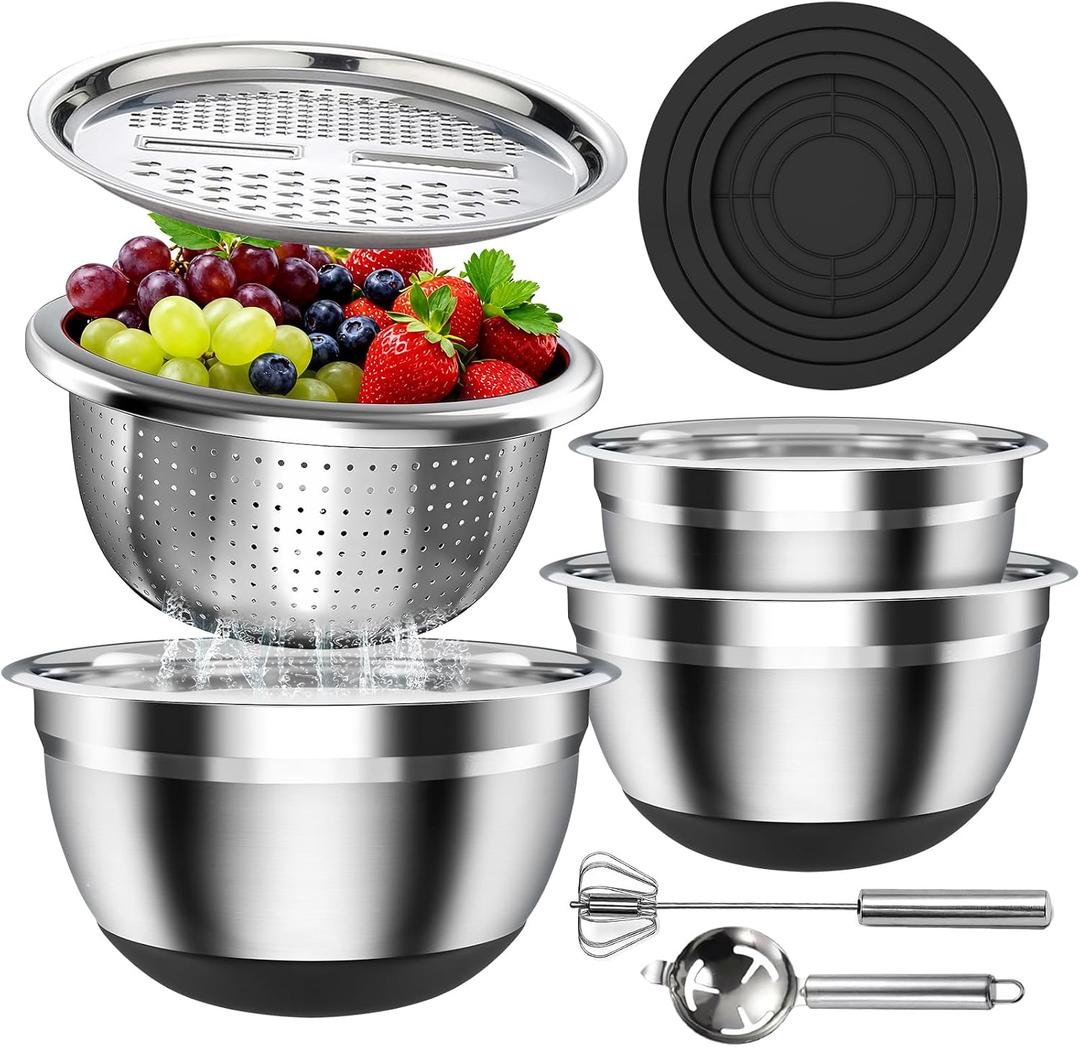 Stainless Steel Mixing Bowls Set with Lids & Silicone Base - 7-Piece Kitchen Gadgets Includes Colander, Grater, Egg Separator, Whisk - Nesting Bowls (1.5, 2, 2.5, 4.5 QT), Dishwasher Safe, Black, 1.5 to 4.5 quarts