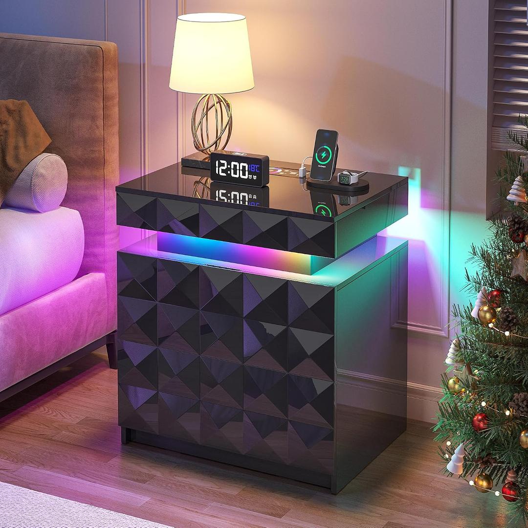 Dystler LED Night Stand with Charging Station, Lockable Hidden Drawer, 19.69"W x 15.75"D x 23.62"H