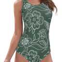 Athletic One Piece Swimsuit Women Modest Criss Cross Back Bathing Suit Quick Dry Full Coverage Swim Suit (6-8, Linear Flower)