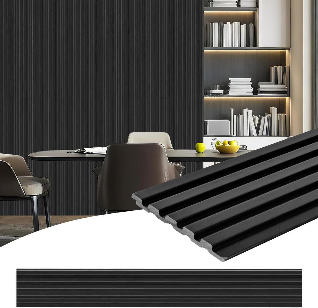 8-Pack 3D Slat Wall Panels  Soundproof Faux Wood Wall Panels for Interior Dcor, 48.2" x 6.3", Modern Wall Cladding for Living Room, Bedroom, Office  Black Finish