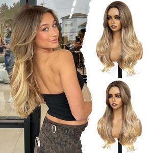 Ombre Blonde Wig 26 Inch Curtain Bangs Wigs for Women Long Wavy Layered Synthetic Wig Pre Cut Lace Glueless Wear and Go Natural Hair Wigs for Daily Party/Halloween Use 26Inch
