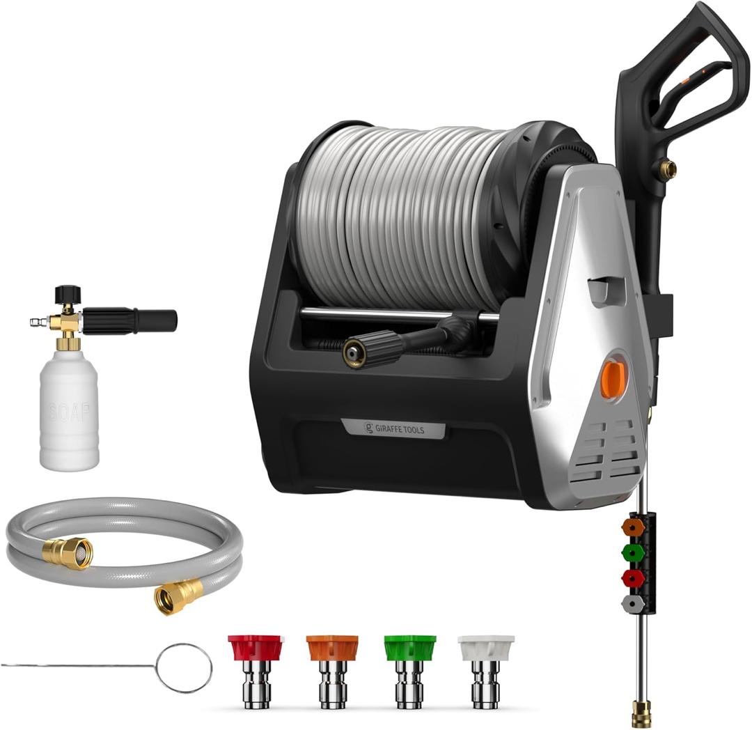 Giraffe Tools Wall Mounted Pressure Washer Plus with Upgraded 1800W Motor, Max 2900 PSI, 2.2 GPM Electric Power Washer with 100ft Retractable Pressure Hose for Car, Automatic Rewind, Any Length Lock (Light Silver)