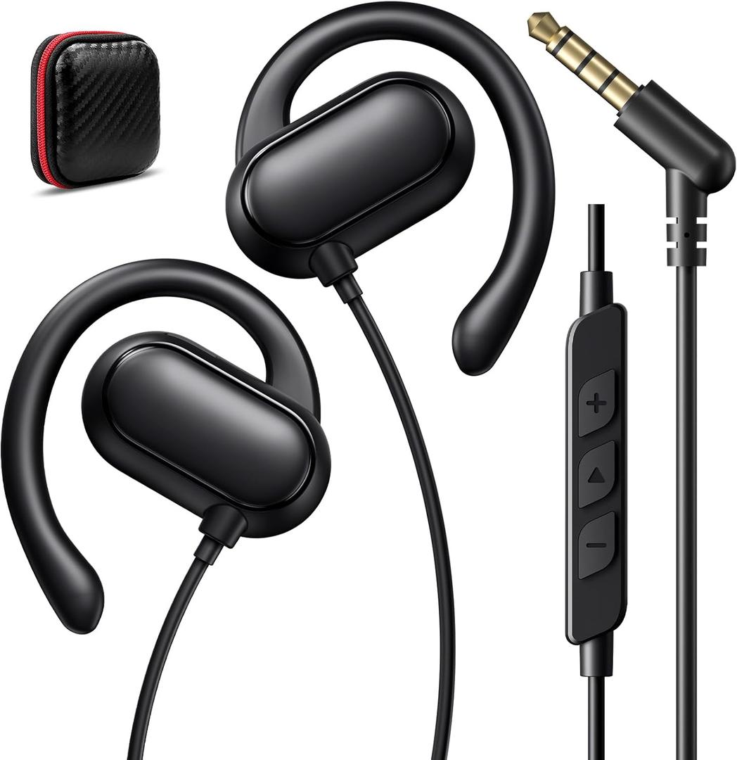 iMangoo 3.5mm Earbuds Wired Over Ear Buds for Kids Women 5FT Long Cord Plug in Headphones Earhook 3.5 mm Jack Corded Earphone Microphone for Airplane Travel Home School Gym Workout Running Sport Black