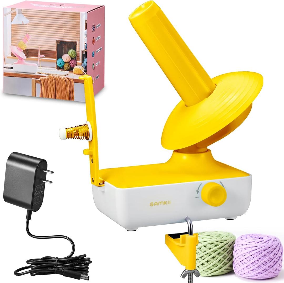 GAMKII Yarn Winder, Electric Yarn Ball Winder Stepless Speed, 10oz Capacity Automatic Winder for Crocheting Knitting, Adjustable Strong Spring Tension Yarn Cake Spinner Roller Swift (Yellow)
