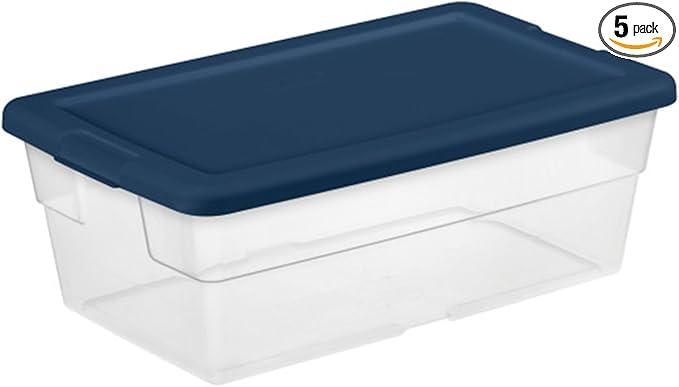 Sterilite Stackable 6 Quart Clear Home Storage Box with Handles and Blue Lid for Efficient, Space Saving Household Storage and Organization, 5 Pack