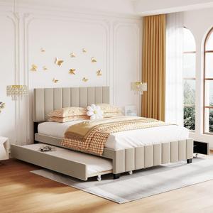 Upholstered Platform Bed, Queen, Beige, Model# 9001