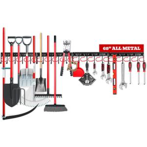 68" All Metal Garden Tool Organizer - Sturdy Garage Wall & Shed Organization System - Hooks for Shovel, Broom, Rake & More