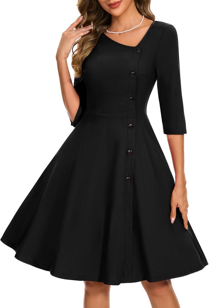 Aupuls 3/4 Sleeve Wedding Guest Dresses for Women Asymmetrical Neck Cocktail Dress (Large, Black)