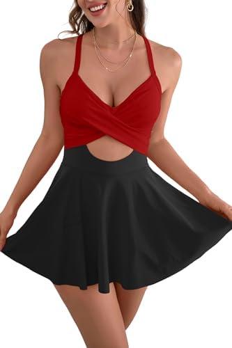 B2prity Women Cutout One Piece Skirt Swimsuit V Neck Wrap Tie Back Swimdress Tummy Control Bathing Suits XL
