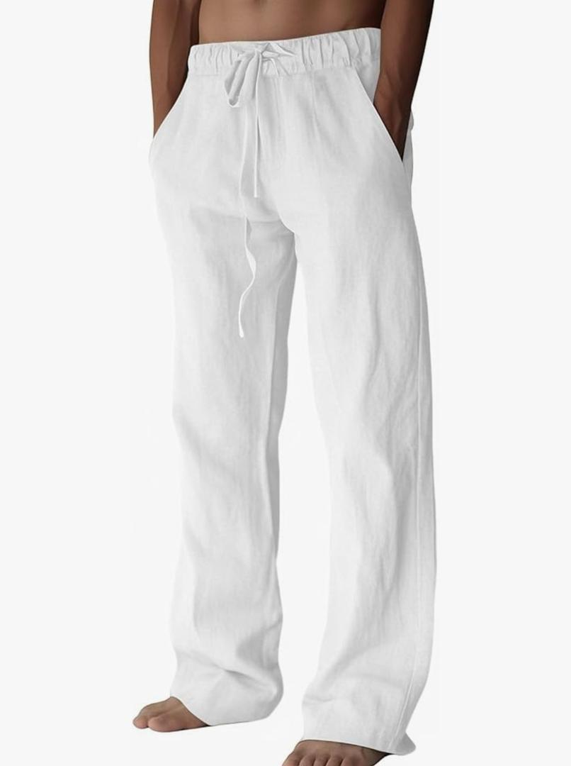 PIDOGYM Men's Cotton Linen Pants, Summer Beach Pants Casual Loose Fit with Elastic Waist Drawstring Size XXS