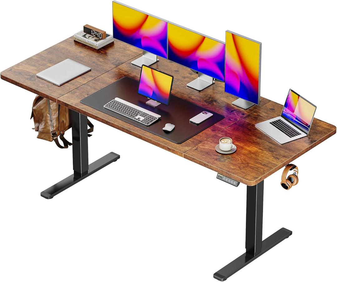 Huuger 63 x 28 Large Electric Standing Desk, Height Adjustable Computer Desk, 27.6" Deep Desktop, Stand up Gaming Office Table with 2 Hooks, 3 Preset Heights, for Home Office, Rustic Brown (63*28 inch (no outlets))