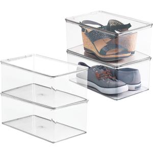 mDesign Stackable Plastic Closet Storage Container Bin Box with Hinge Lid for Organizing Shoes, Booties, Pumps, Sandals, Wedges, Flats, Heels - Lumiere Collection - 4 Pack - Clear