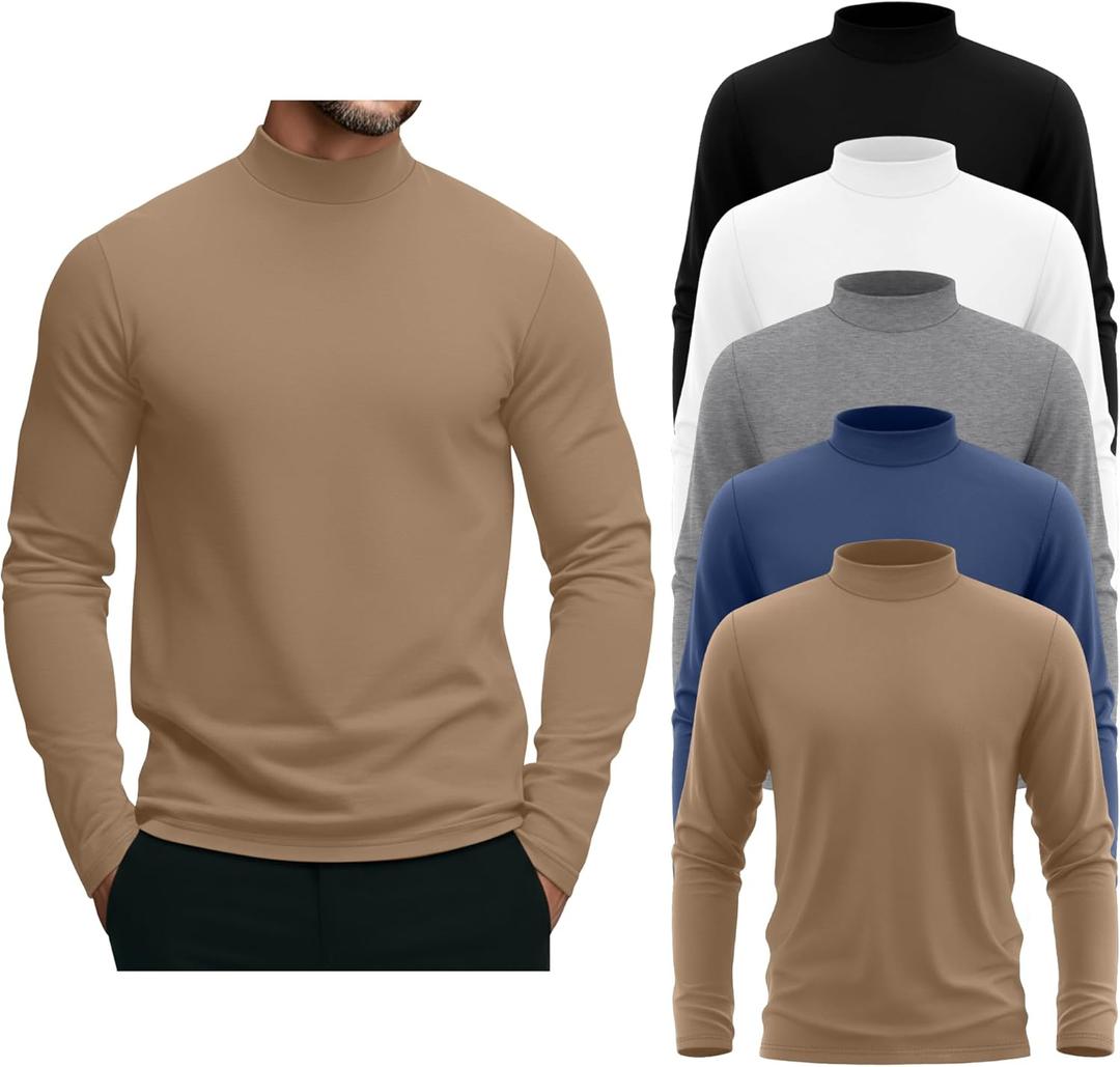 5 Pack Men's Mock Turtleneck Shirts, Long Sleeve Tops Pullover Basic Casual Slim Fit Lightweight T-Shirts Pack (X-Large, Black, White, Light Mixed Gray, Haze Blue, Khaki)
