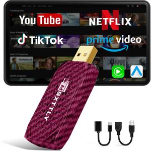 Mini Streaming Box for Netflix/YouTube/TikTok/Prime Video, Carplay Android Auto Wireless Adapter, Car Stream Dongle, for iPhone iOS10+ & Android 11.0+, for Cars with Wired CarPlay, Rose red