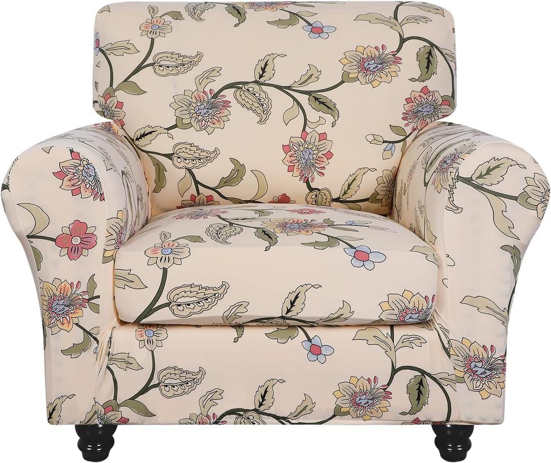 SearchI Stretch Sofa Cover Printed Couch Covers, Floral Pattern 2 Piece Armchair Slipcover with Separate Chair Cushion Cover, Washable Furniture Protector for Living Room(Armchair, Yellow+Flower) (Small)