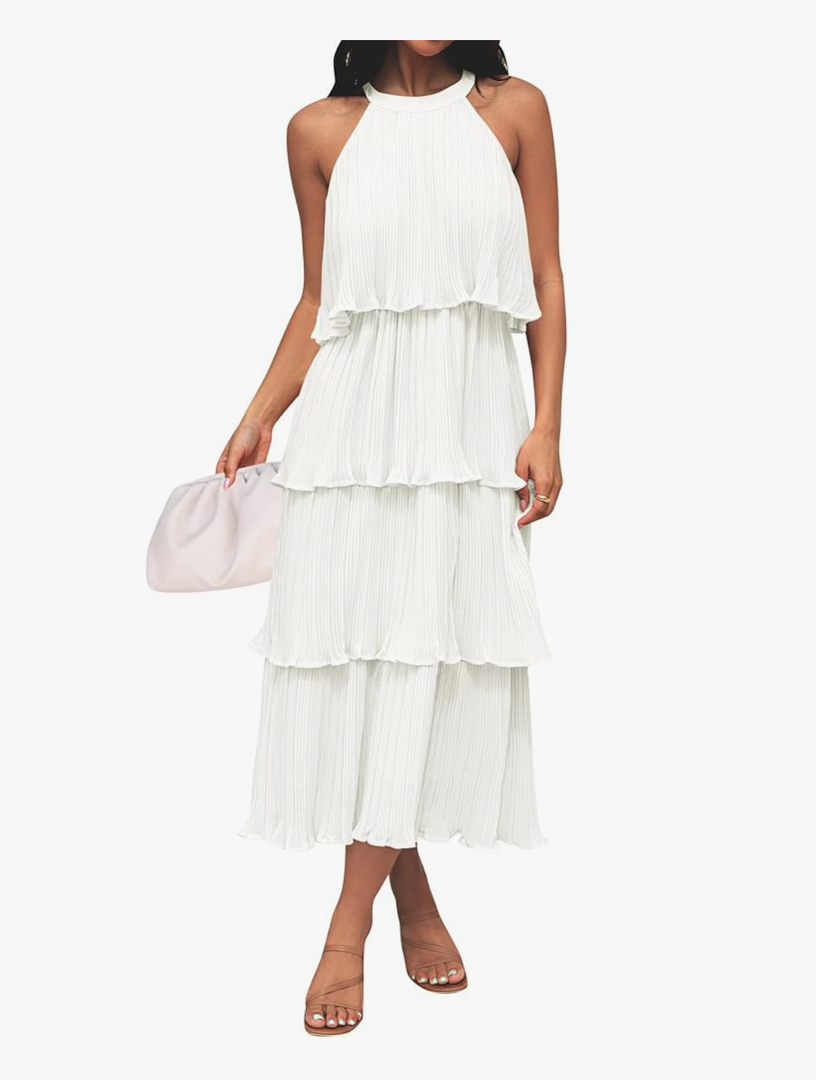 ZESICA Women's 2025 Summer Sleeveless Halter Neck Ruffle Tiered Layed Chiffon Flowy Swing Long Midi Dress.Size Medium