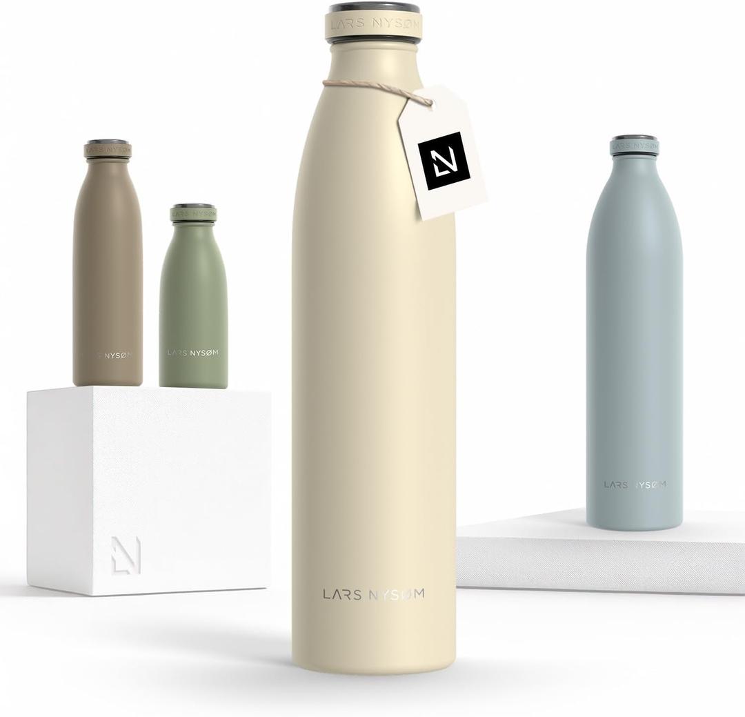 LARS NYSM Stainless Steel Insulated Water Bottle 12oz 17oz 25oz 34oz 51oz | Insulated Thermo Flask for Hot and Cold Beverages | Leakproof Drinking Bottle (Almond Beige, 33.9oz)