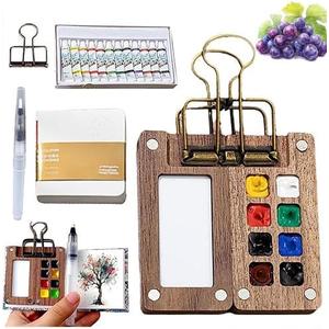 Mini Watercolor Travel Paint Set, Mini Paint Palette Travel Kit Set with Picture Book, Pocket Artist Water Color Travel Set with Colours, Binder Clips, Watercolor Pens, Wooden Paint Box for Painters Artists Students  (8 Grids)