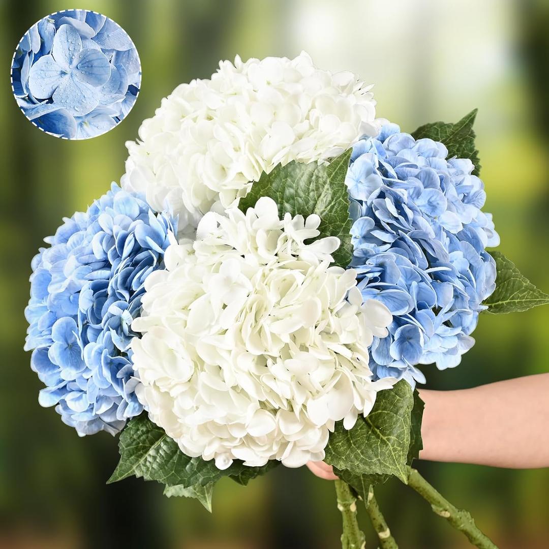 Real Touch Hydrangea Artificial Flowers, 2 Blue & 2 White Real Touch Flowers, 21" Faux Hydrangea Flowers, Fake Hydrangea Flowers for Outdoor Wedding Office Home Decor Table Centerpieces (4pcs)