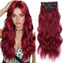 Clip in Hair Extensions 22 Inch Clip in Wavy Synthetic 4Pcs Hairpieces Thick Double Lace Weft Invisible Natural Hair Extensions Clip Ins for Women(Wine Red)