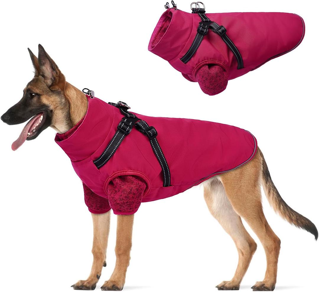 Lelepet Dog Coat 3 in 1 Waterproof Dog Winter Jacket with Harness Built in Windproof Snow Jakcet with Detachable Fleece Sweater Lining Reflective Thermal Cold Weather Coats for Small Medium Large Dogs (Rose Red, Large)