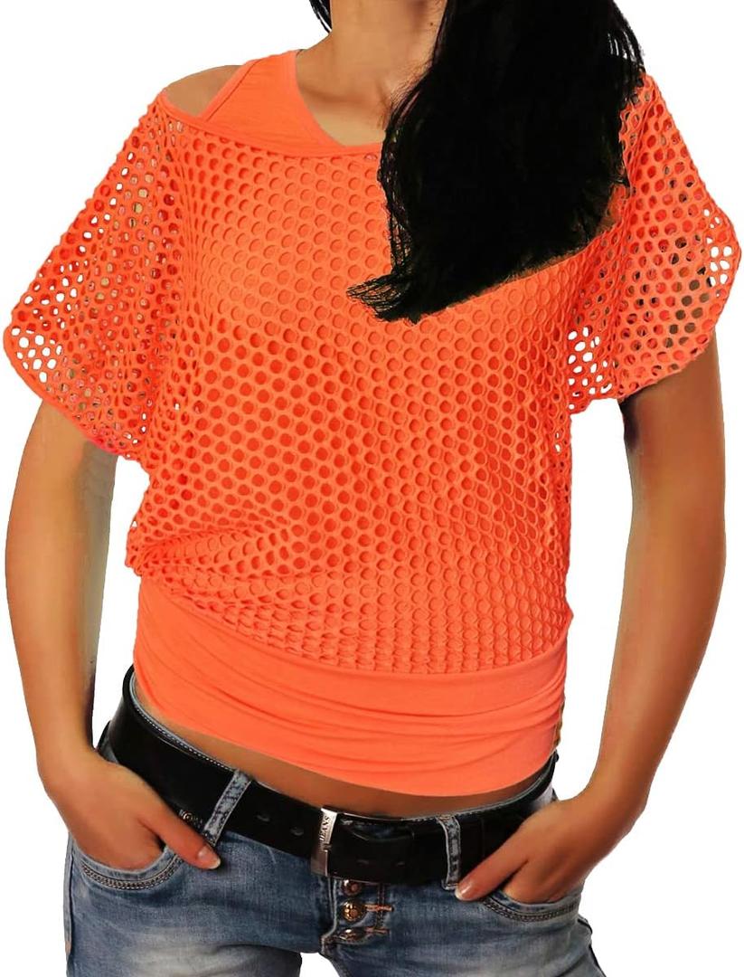 Smile Fish Women Casual Sexy 80s Costumes Fishnet Neon Off Shoulder T-Shirt (Medium, Orange)
