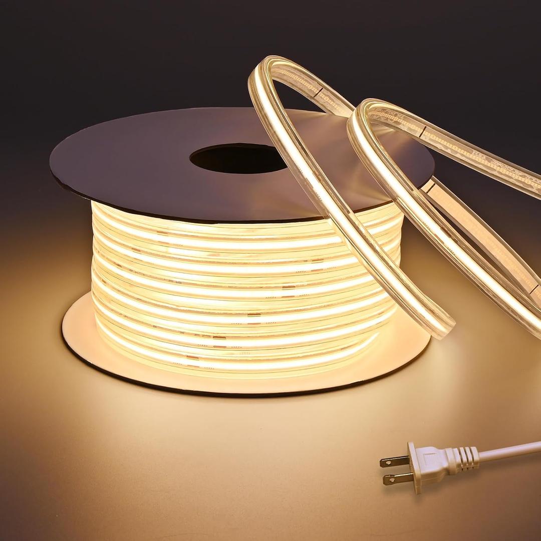 BENLUN AC 110V COB LED Strip Lights Outdoor Waterproof IP67 65.6FT, 3000K Warm White 200W 480LEDs/M CRI 90+ Transparent Silicone LED Rope Light for Bedroom Living Room Ceiling Garden House