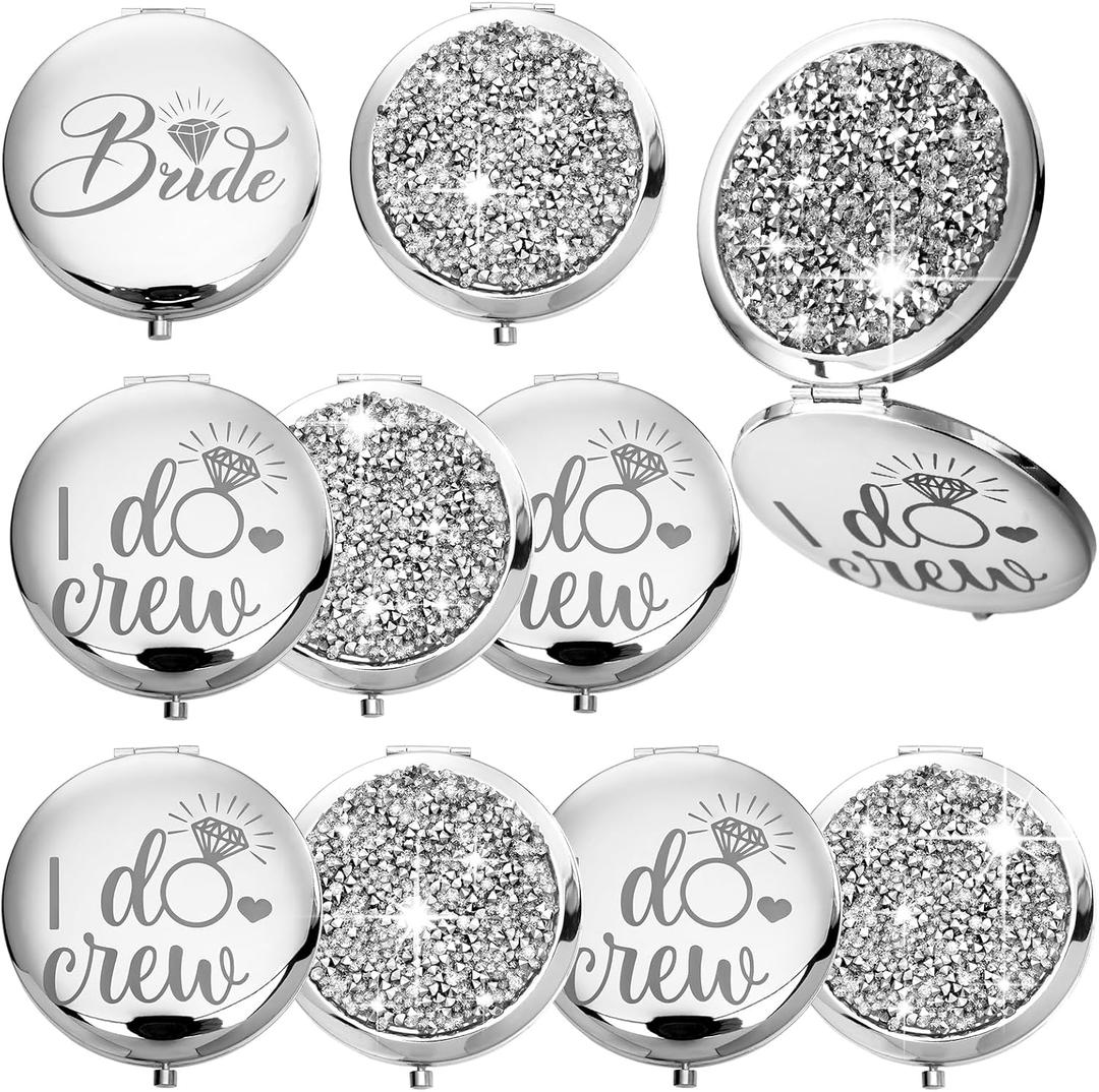 Barydat 10 Pieces Bridesmaid Gifts Set Magnifying Compact Mirror Bride I Do Crew Bridesmaid Proposal Gifts Travel Small Mirror for Purse Makeup Pocket Mirror for Women Wedding Party (Silver)