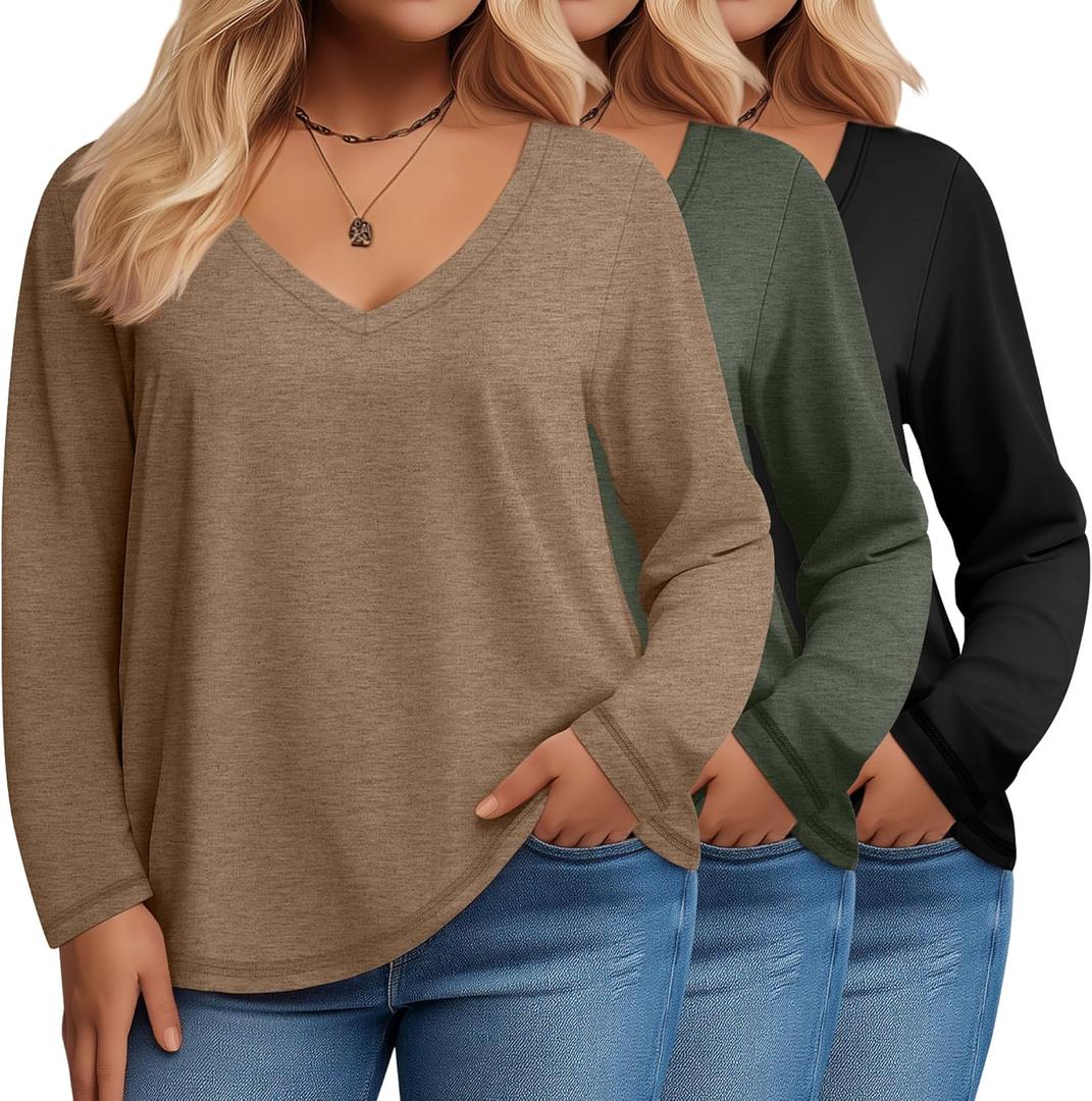 3 Pack Women's Plus Size T Shirts, Casual Long Sleeve Tops V Neck Basic Shirts Fall Loose Fit Soft Tops (X-Large, Black, Army Green, Dark Khaki)