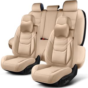 TIEHESYT Beige Car Seat Covers Full Set, Breathable Leather Automotive Front and Rear Seat Covers & Headrest, Automotive Seat Cover, Compatible with Most Cars Sedans SUV Pickup Trucks