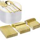300PCS Gold Plastic Plate Set (50 Guests), Plastic Plates for Party Wedding Birthday, Disposable Dinnerware Set of 100 Plates, 100 Forks, 50 Spoons, 50 Knives for Christmas