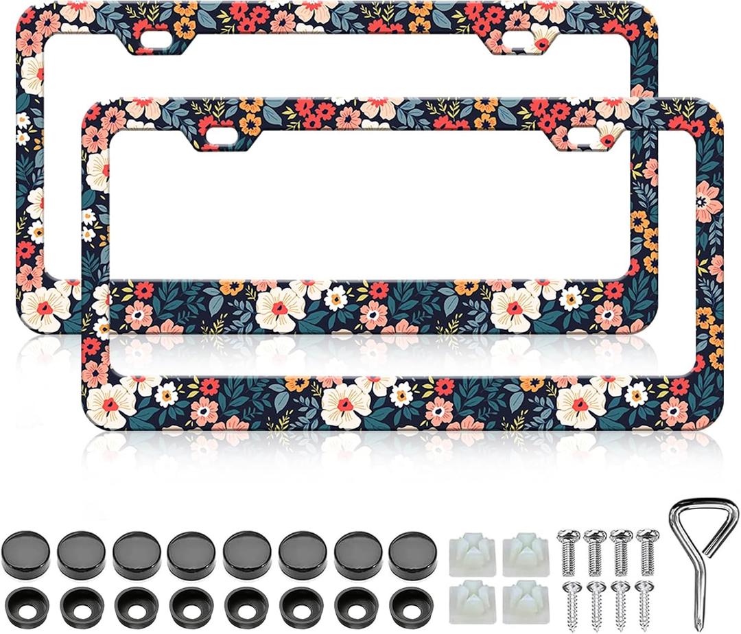 Folk Floral License Plate Frame - 2 PCS Colorful Flowers Aluminum Metal License Plate Frames Holder Covers for Women, Rust-Proof Waterproof Car Decorative Tag Frames for Standard US 12x6 Inch