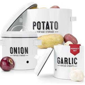 Granrosi Kitchen Vegetable Storage Set for Pantry & Countertop  Set of 3 Kitchen Containers Including Potato Bin, Onion Keeper & Garlic Storage; Rustproof Metal & Aeratic Holes; Farmhouse Style