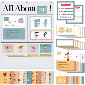 All About Letters Pocket Chart with 99 ABC Flash Cards, Letter of The Day/Week Daypocket Chart, Letter Tracing Learning Educational Wall Chart Preschool Classroom Homes, 34" X 27"White