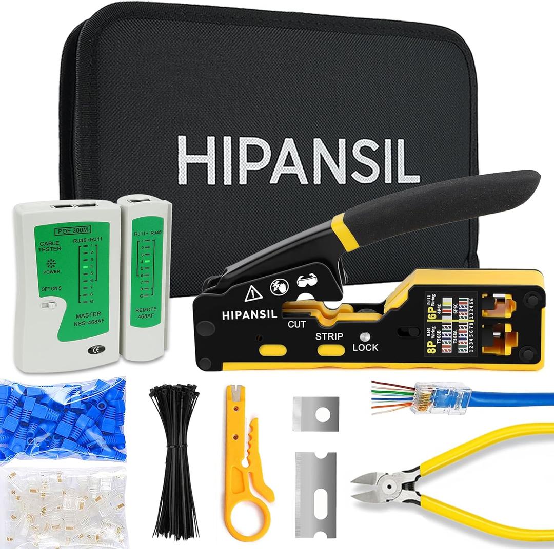 RJ45 Crimp Tool, Ethernet Crimper Tool Kit With CARRYING CASE, All-In-One Pass Through Network Cable Tool For Cutting, Stripping, Crimping Cat5 Cat6 RJ45 RJ11 RJ12  Ideal For Home DIY, IT Technicians