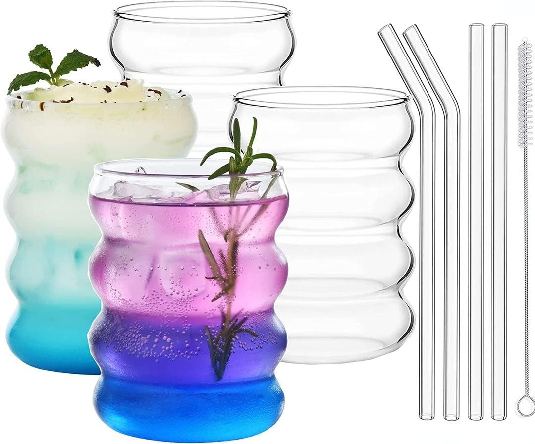 ALINK Ribbed Drinking Glass Cups with Straws Set of 4, 12 oz Aesthetic Iced Coffee Glasses, Wave Bubble Tumbler, Ripple Glassware, Beer Glasses for Coctail, Soda, Gift with Brush