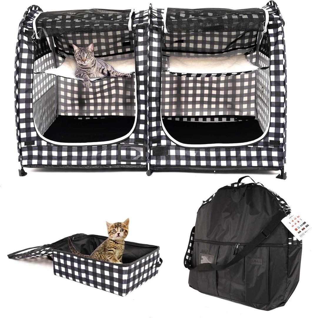 Mispace Portable Twin Compartment Show House Cat Cage/Condo - Easy to Fold & Carry Kennel - Comfy Puppy Home & Dog Travel Crate with Carry Bag/Two Hammocks/Mats and Collapsible Litter Box (Black & White)
