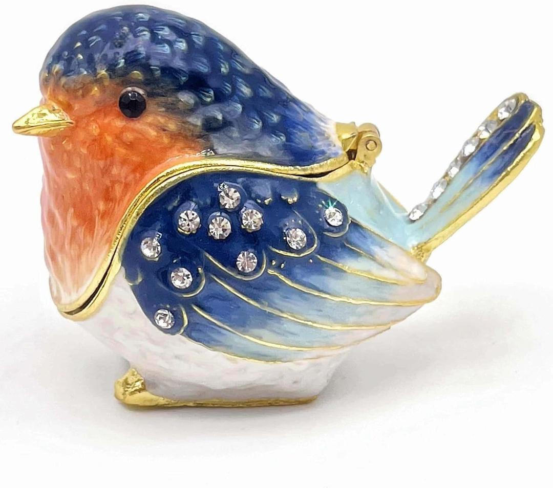 Robin Bird Jewelry Trinket Boxes Hinged Ring Box.Collectible Bird Figurines Home Decor Gifts for Women.Necklace Rings Earrings Organizer.
