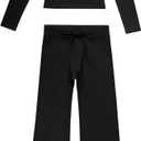 OMKAGI Womens Lounge Set Lace Square Neck Long Sleeve Tops Wide Leg Pants 2 Piece Outfits (Black, XL)