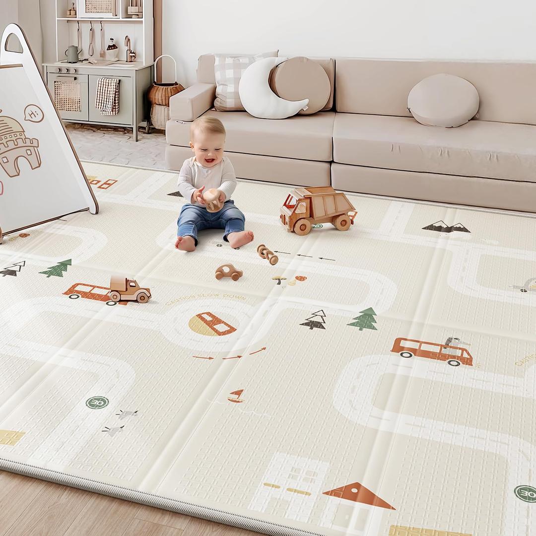Baby Play Mat, 0.6" Foam Thicker Baby Playmats, Large Foldable 78"x70" Play Mat for Babies, Waterproof & Reversible Baby Mat for Floor, Crawling Baby Mat for Indoor&Outdoor&Travel(70*78*0.6) (City&Bus)