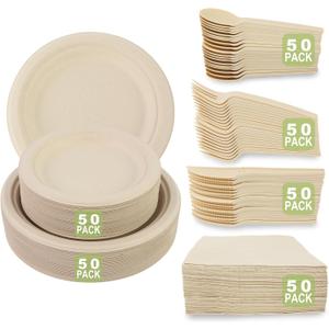300 Piece (50 Sets) Biodegradable Paper Plates Set Disposable Heavy-Duty Eco Friendly Dinnerware Set,Include Plates,Forks,Knives,Spoons,Napkins for Birthday Camping Party