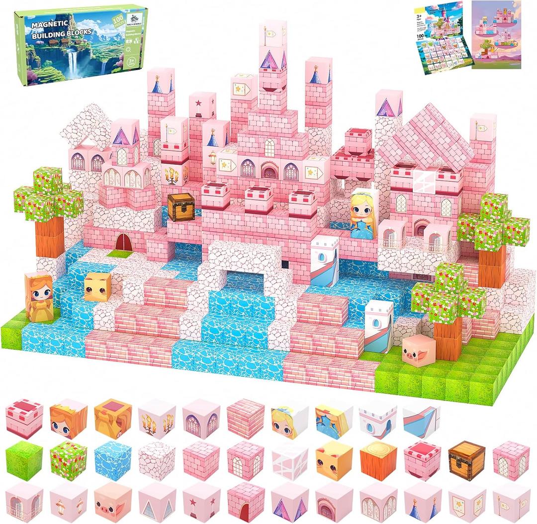 Magnetic Blocks, 100PCS Magnetic Tiles Building Blocks, Magnet Cubes STEM Sensory Game Toys Christmas Birthday Gifts for Kids Girls Age 3+ (Princess Castle)
