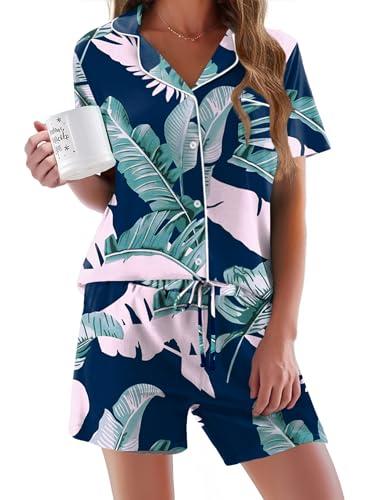 Ekouaer Womens Pajamas Set Comfy Cotton Short Sleeve Sleepwear Button Down Pjs Set (PAT2,Small)