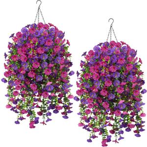 12PCS Artificial Hanging Plants Outdoors 2 Packs Fuchsia Fake Hanging Baskets with Fake Petunias Outdoor Flowers Artificial for Porch Balcony Garden Decor