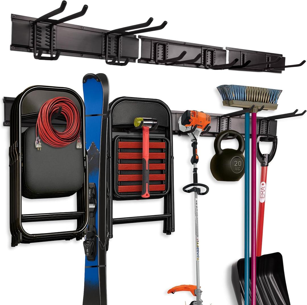 NINE FORTY Garage Tool Organizer Wall Mount - 49.5 Inches, 16" Stud Spacing, 440 LBS. Sturdy Rubber Coated Garden Tool Organizer and Storage Rack with Adjustable Hooks